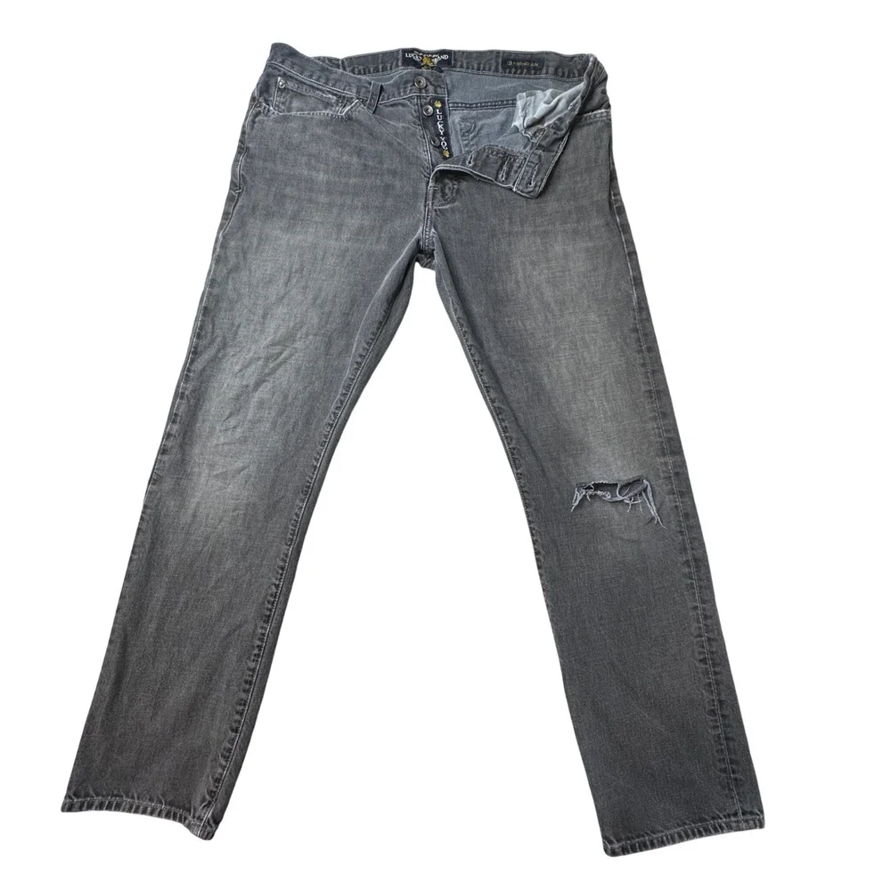 Lucky Brand Jeans‎ Mens 36x32 Gray 121 Heritage Slim Distressed Button Fly Denim